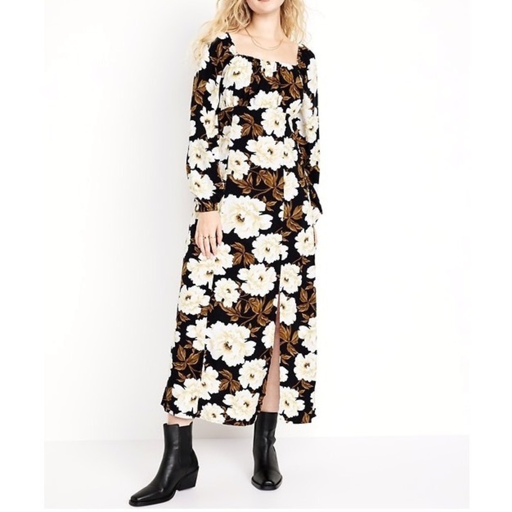 Old Navy XS Floral Square Neck Maxi Dress Black Chocolate Brown Long Sleeve Dark